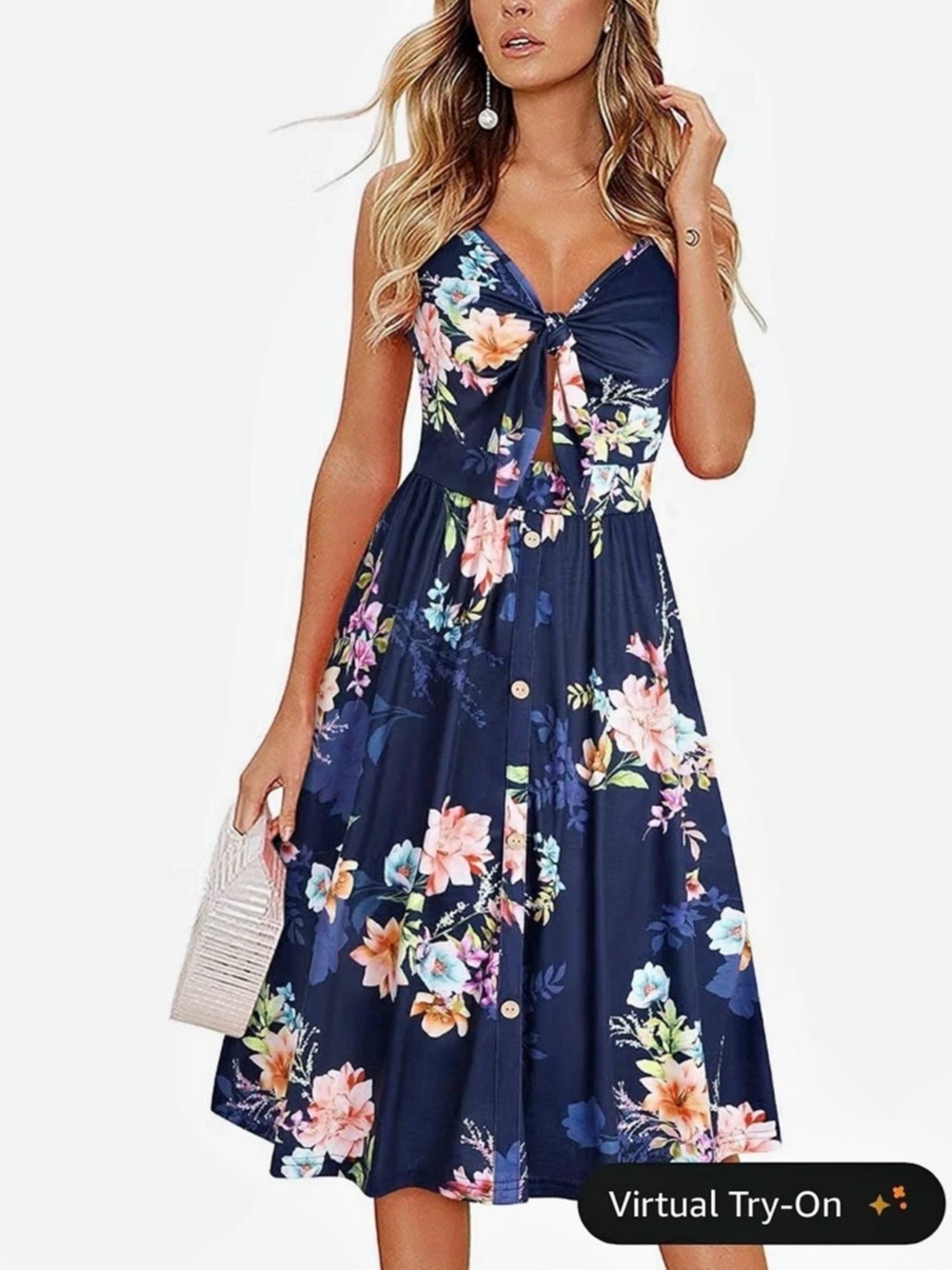 Size M. Floral Tie Front, Keyhole Cutout Midi Dress Size w/Pockets